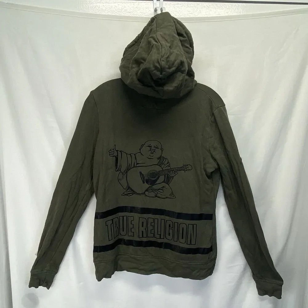 True Religion M Hoodie Budda World Tour Logo Full Zip Olive Green Y2K Vintage